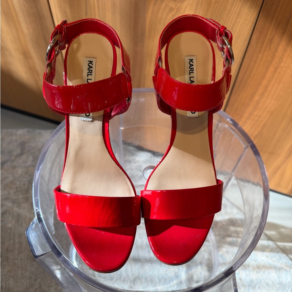 Karl Lagerfeld Glossy Red Patent Open-Toe Ankle Strap Sandals